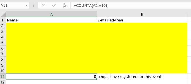 Screenshot of the signup-list in Excel with input fields colored yellow and a participant counter