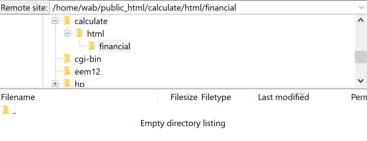 Screenshot of the destination folder in the Remote pane in File Zilla