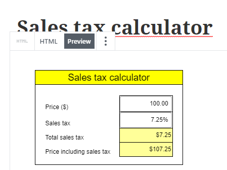 Screenshot of an embedded calculator in a prview of the WordPress Block editor